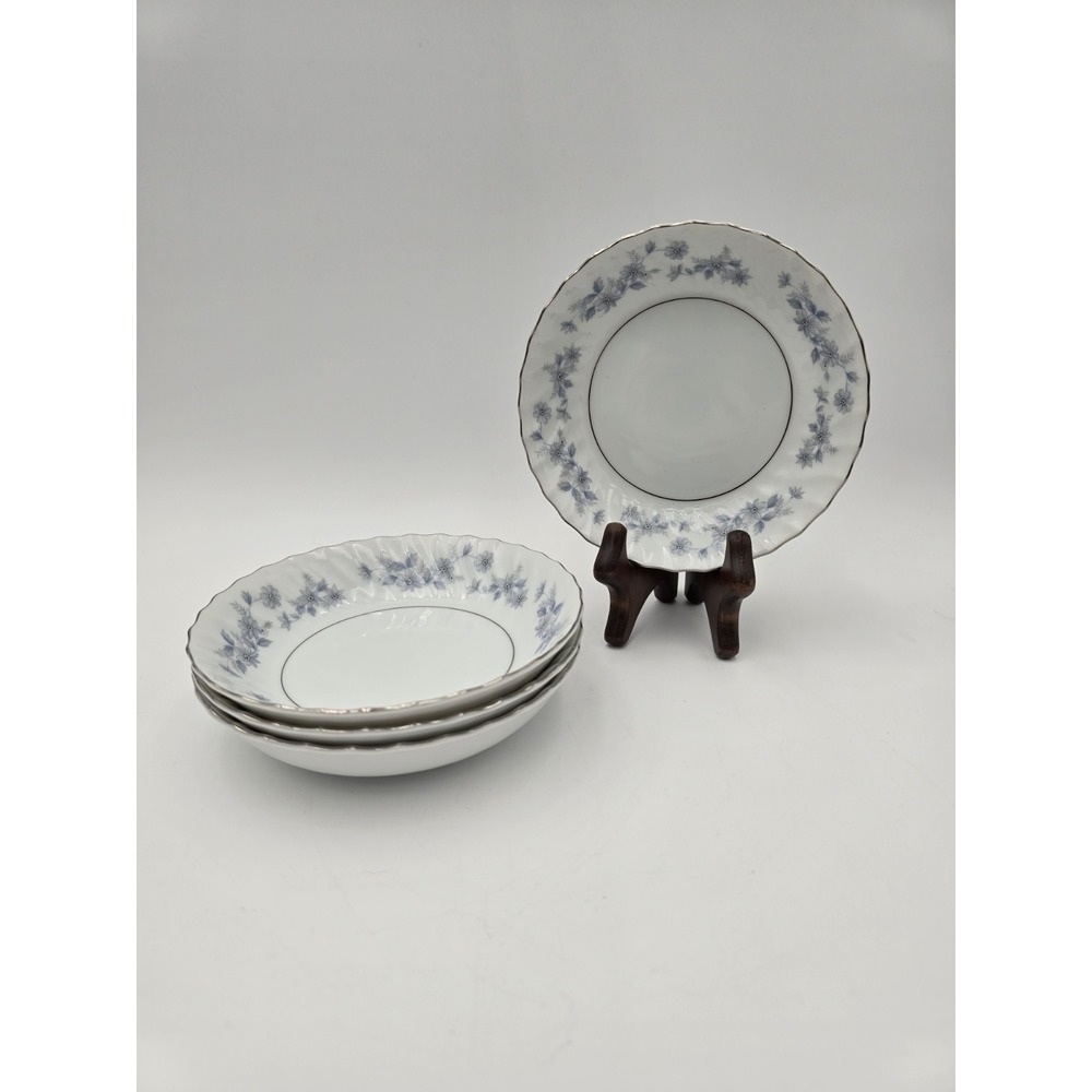 4 Vintage Empress China Japan Delft‎ Blue Flower Berry Dessert Bowls Silver Trim